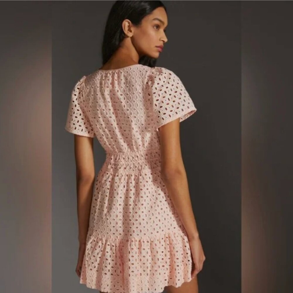 Anthropologie Pink The Somerset Eyelet Edition Tiered Mini Dress Size Medium - Picture 2 of 9
